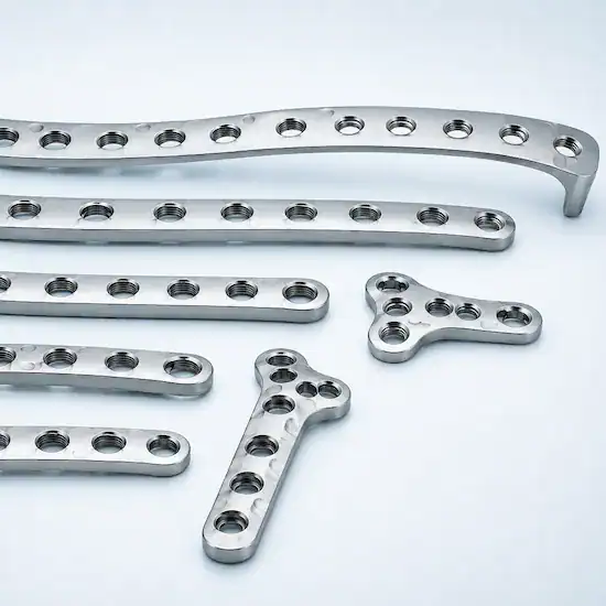 多款骨科固定骨板與金屬植入物零件，呈現醫療器材 CNC 精密加工應用